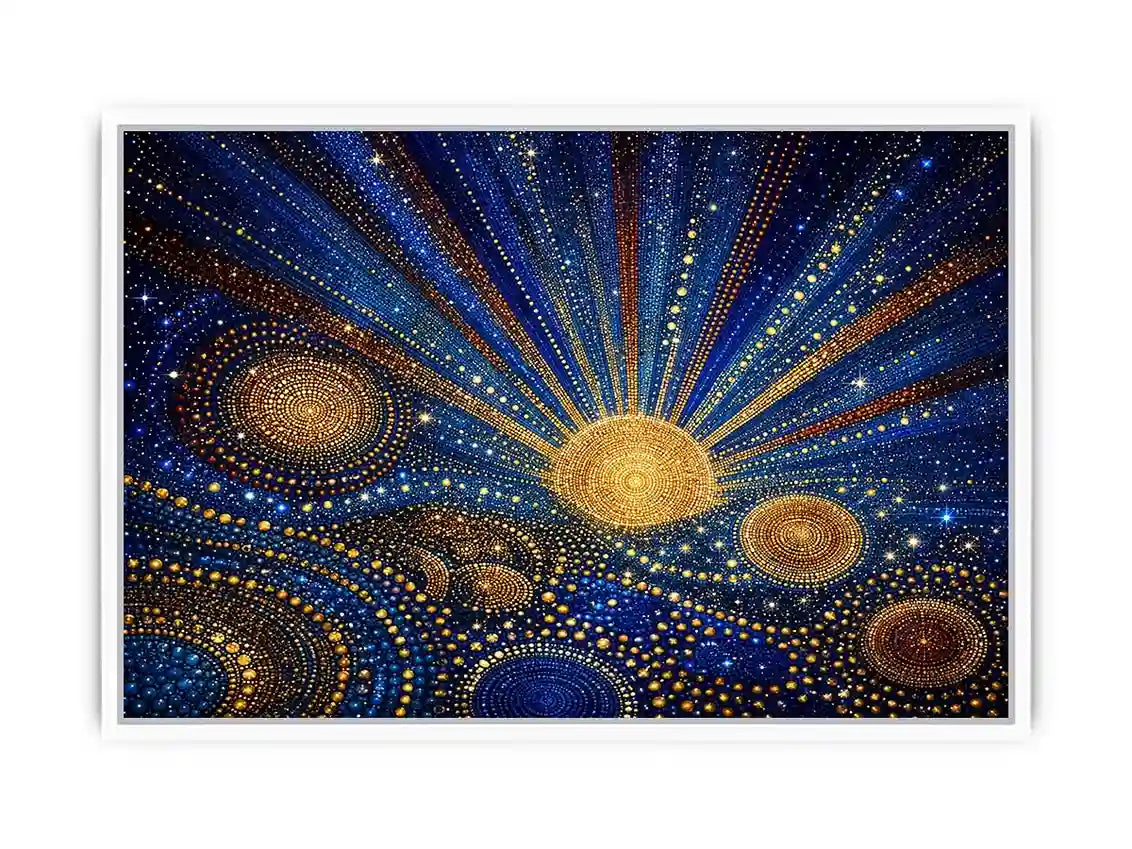 Blue and gold galaxy mosaic canvas art for modern living room decor.