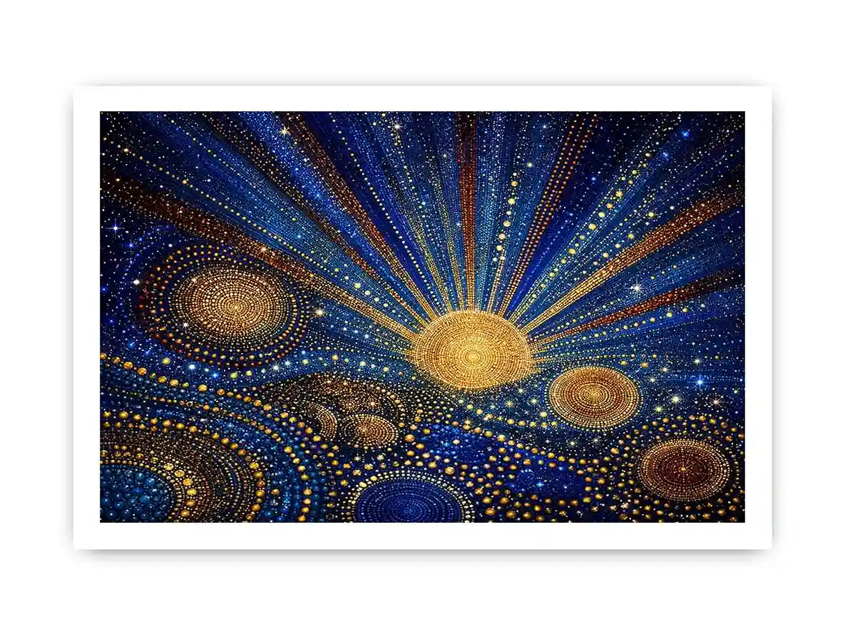 Blue and gold galaxy mosaic canvas art for modern living room decor.