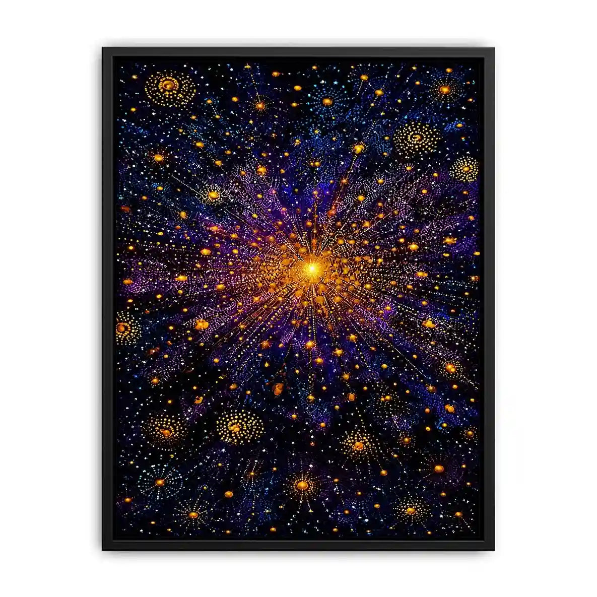 Abstract cosmic gold and purple canvas art for modern living room decor.