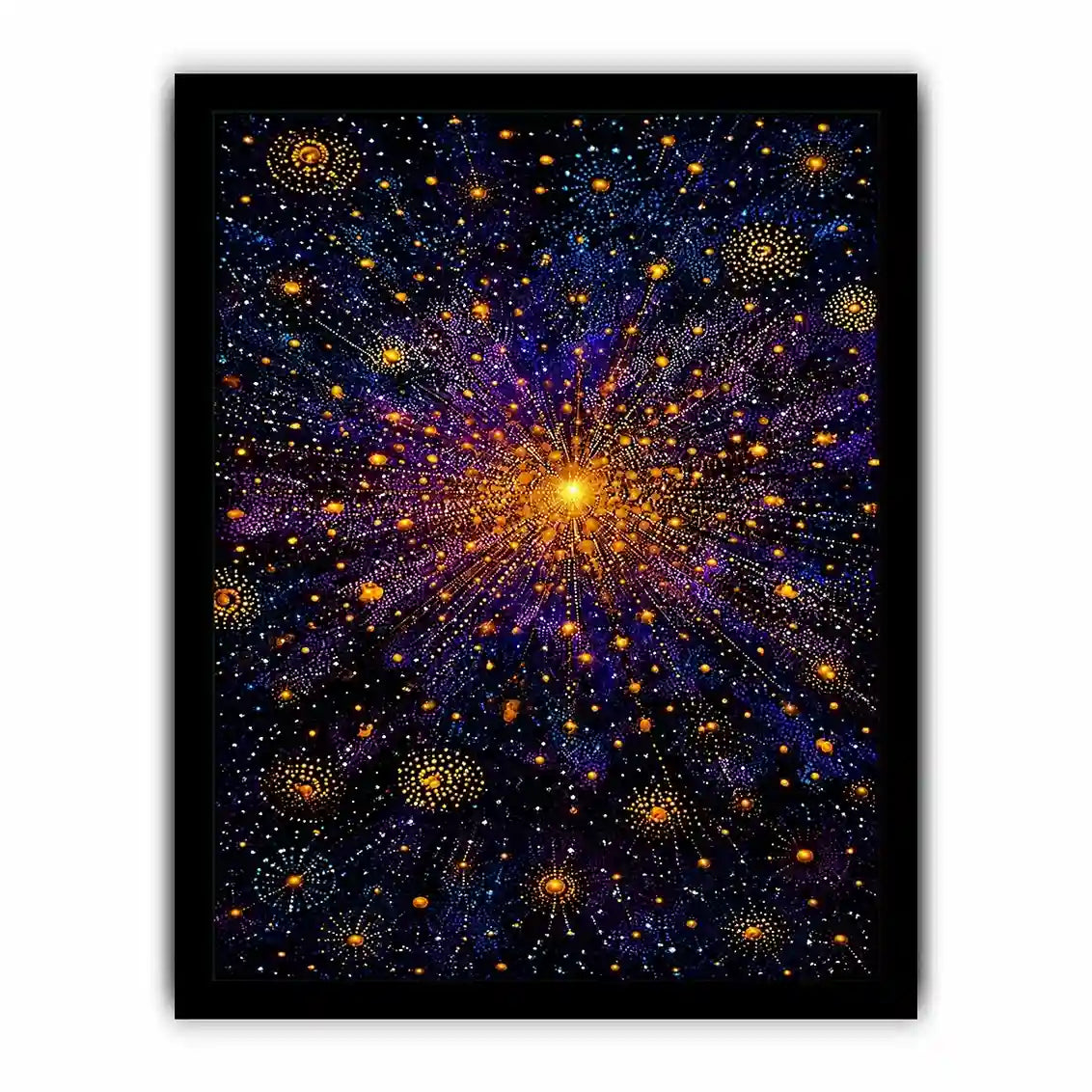 Abstract cosmic gold and purple canvas art for modern living room decor.