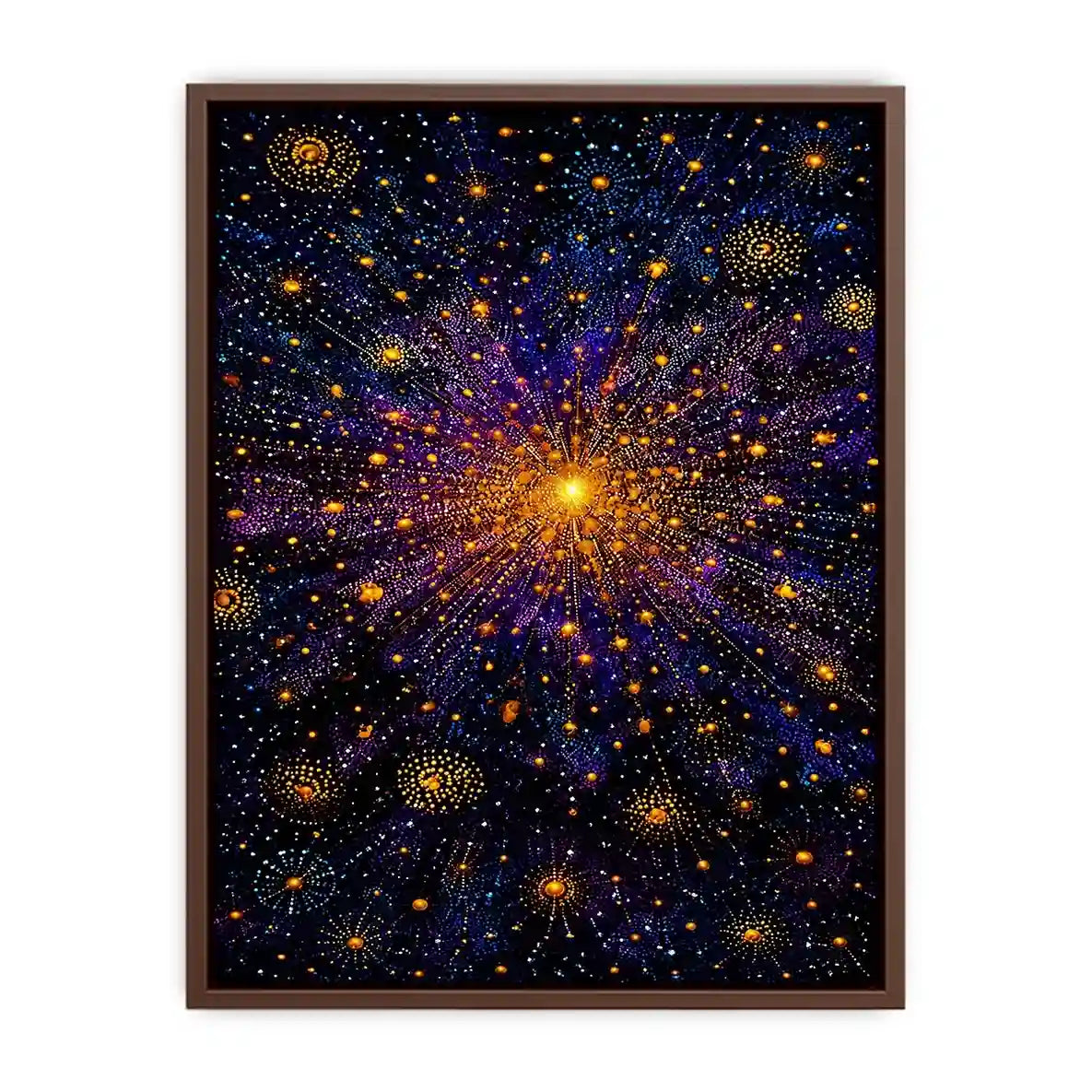 Abstract cosmic gold and purple canvas art for modern living room decor.
