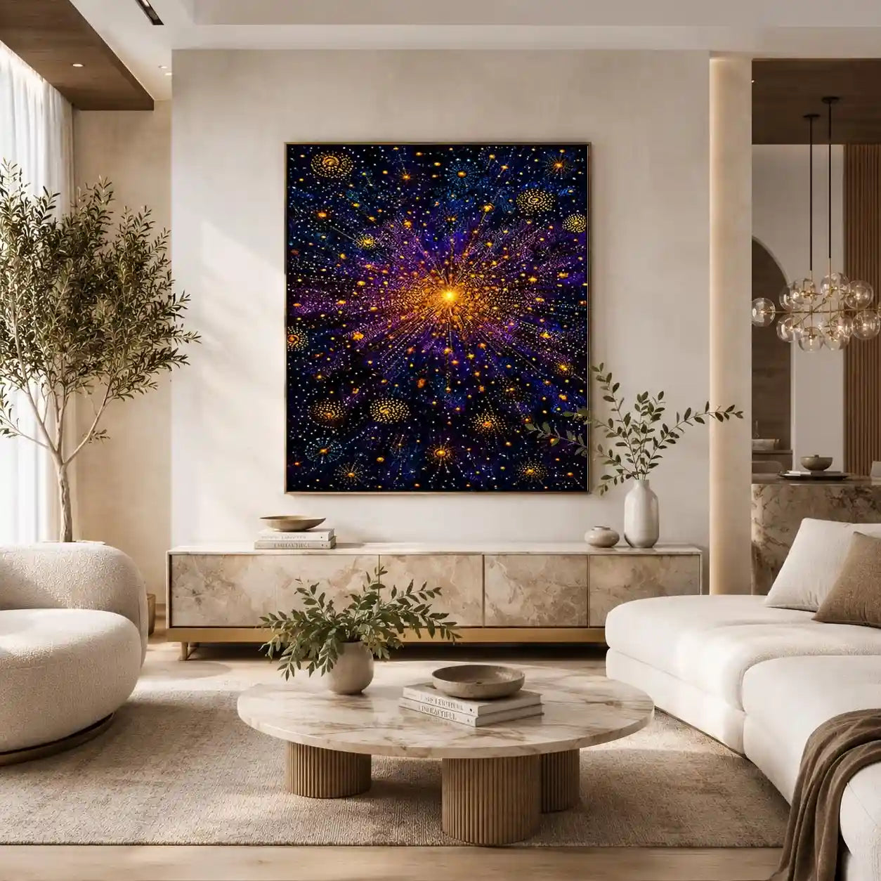 Abstract cosmic gold and purple canvas art for modern living room decor.