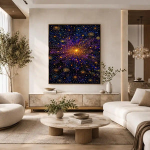 Abstract cosmic gold and purple canvas art for modern living room decor.