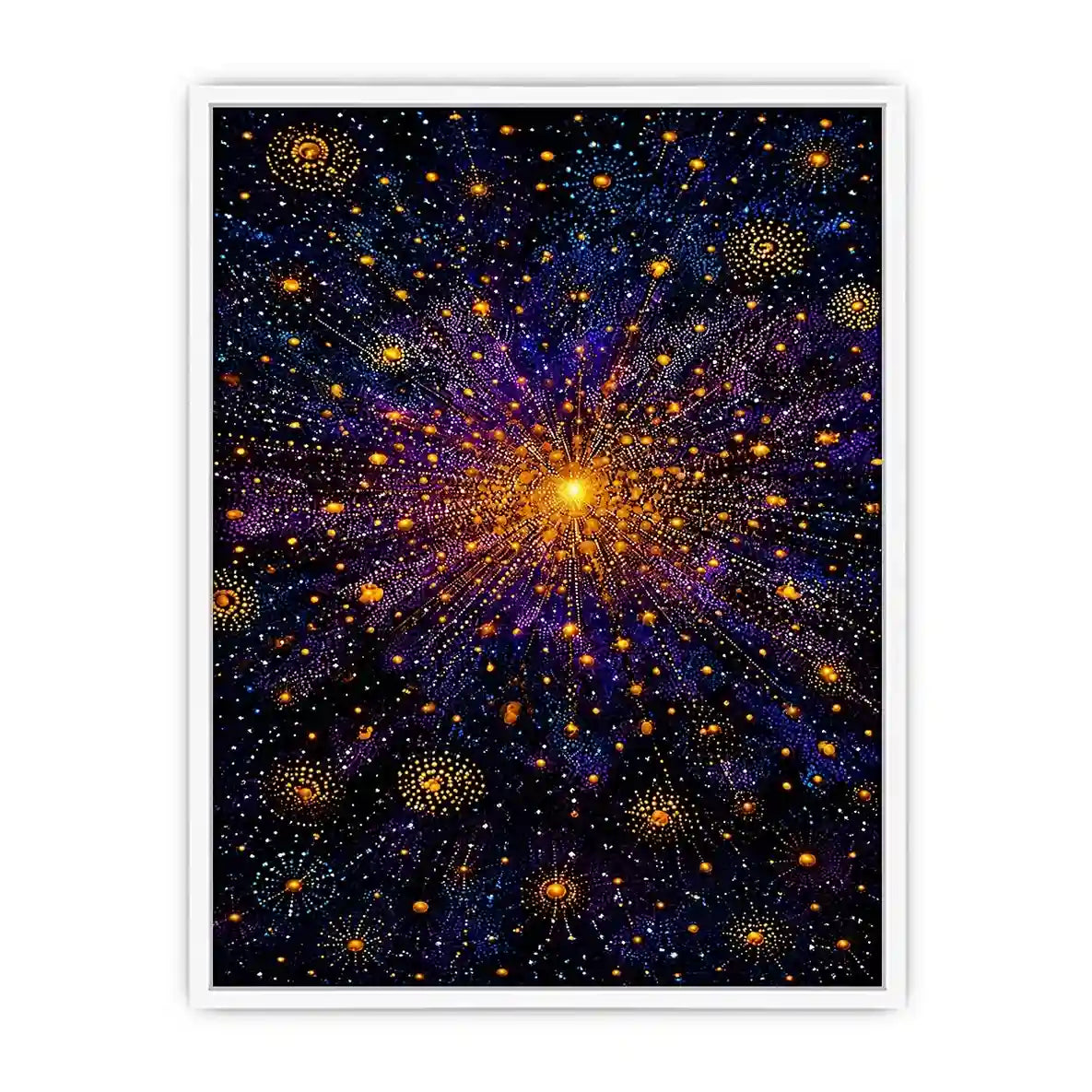 Abstract cosmic gold and purple canvas art for modern living room decor.