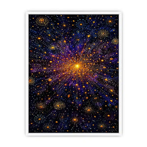 Abstract cosmic gold and purple canvas art for modern living room decor.