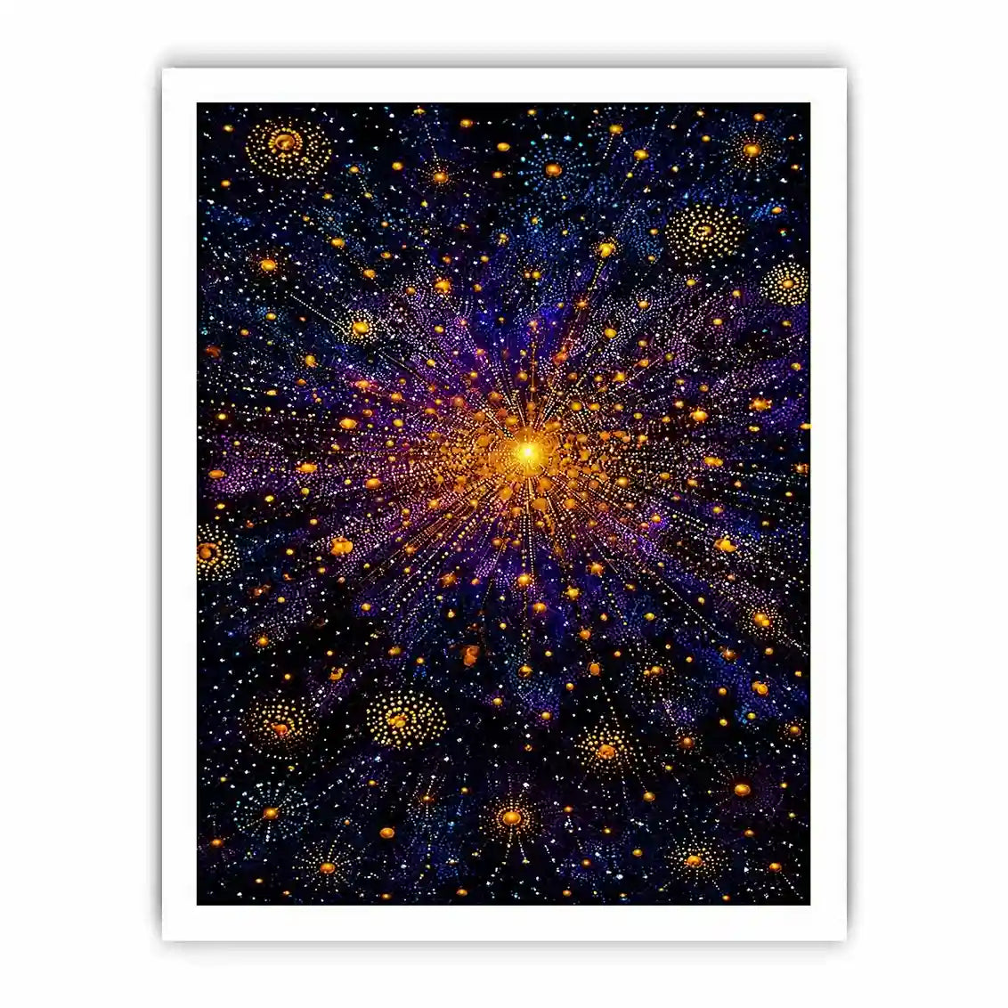 Abstract cosmic gold and purple canvas art for modern living room decor.