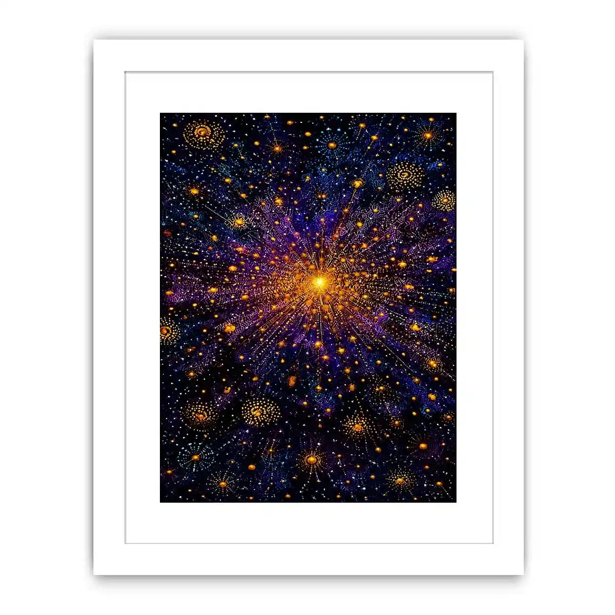Abstract cosmic gold and purple canvas art for modern living room decor.