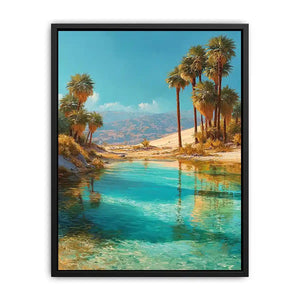 Vertical desert oasis canvas art with palm trees for modern living room decor.