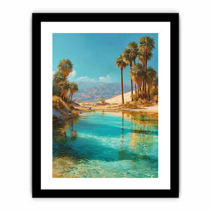 Vertical desert oasis canvas art with palm trees for modern living room decor.