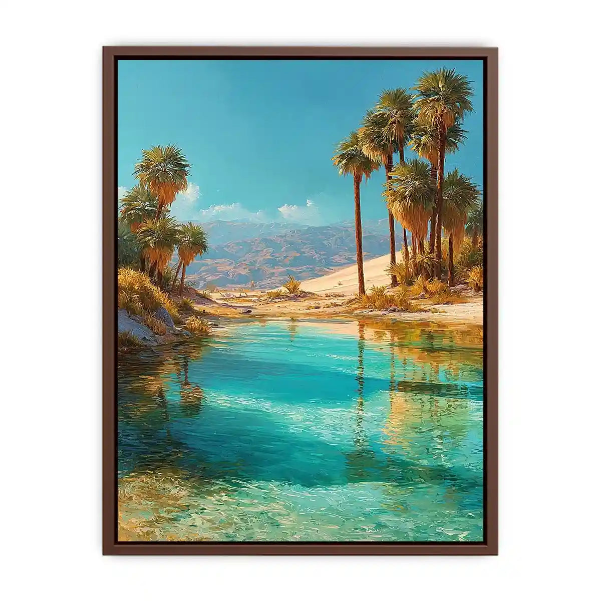Vertical desert oasis canvas art with palm trees for modern living room decor.