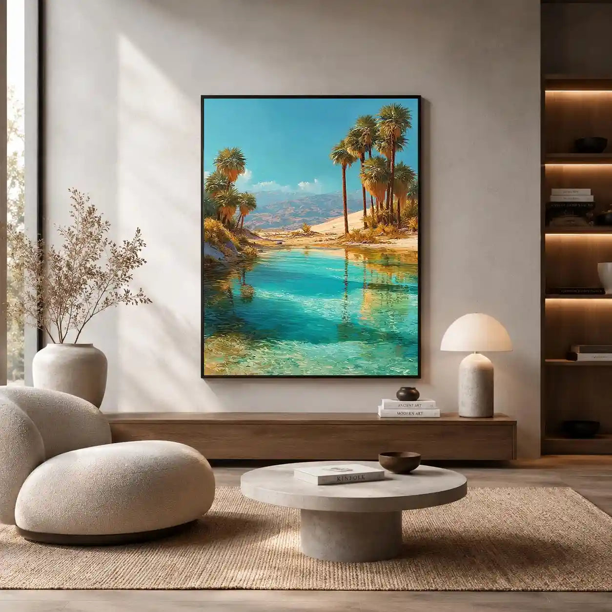 Vertical desert oasis canvas art with palm trees for modern living room decor.