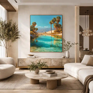 Vertical desert oasis canvas art with palm trees for modern living room decor.