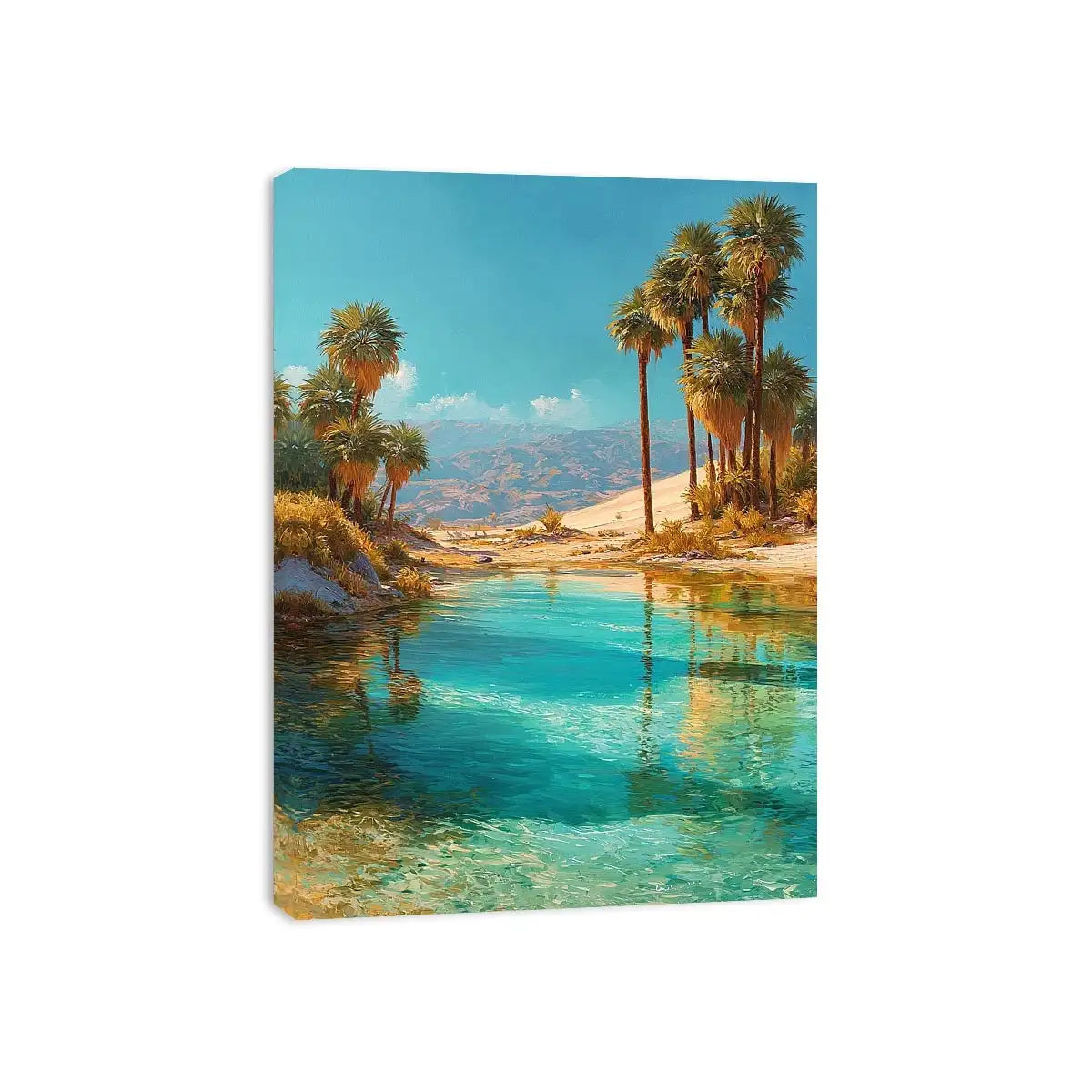 Vertical desert oasis canvas art with palm trees for modern living room decor.