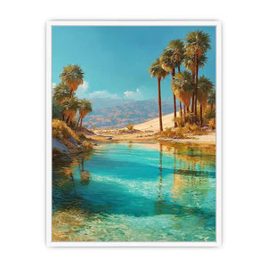 Vertical desert oasis canvas art with palm trees for modern living room decor.