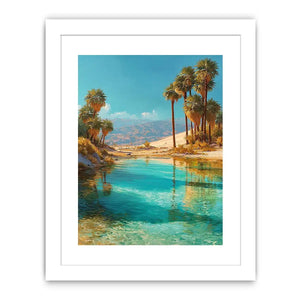 Vertical desert oasis canvas art with palm trees for modern living room decor.