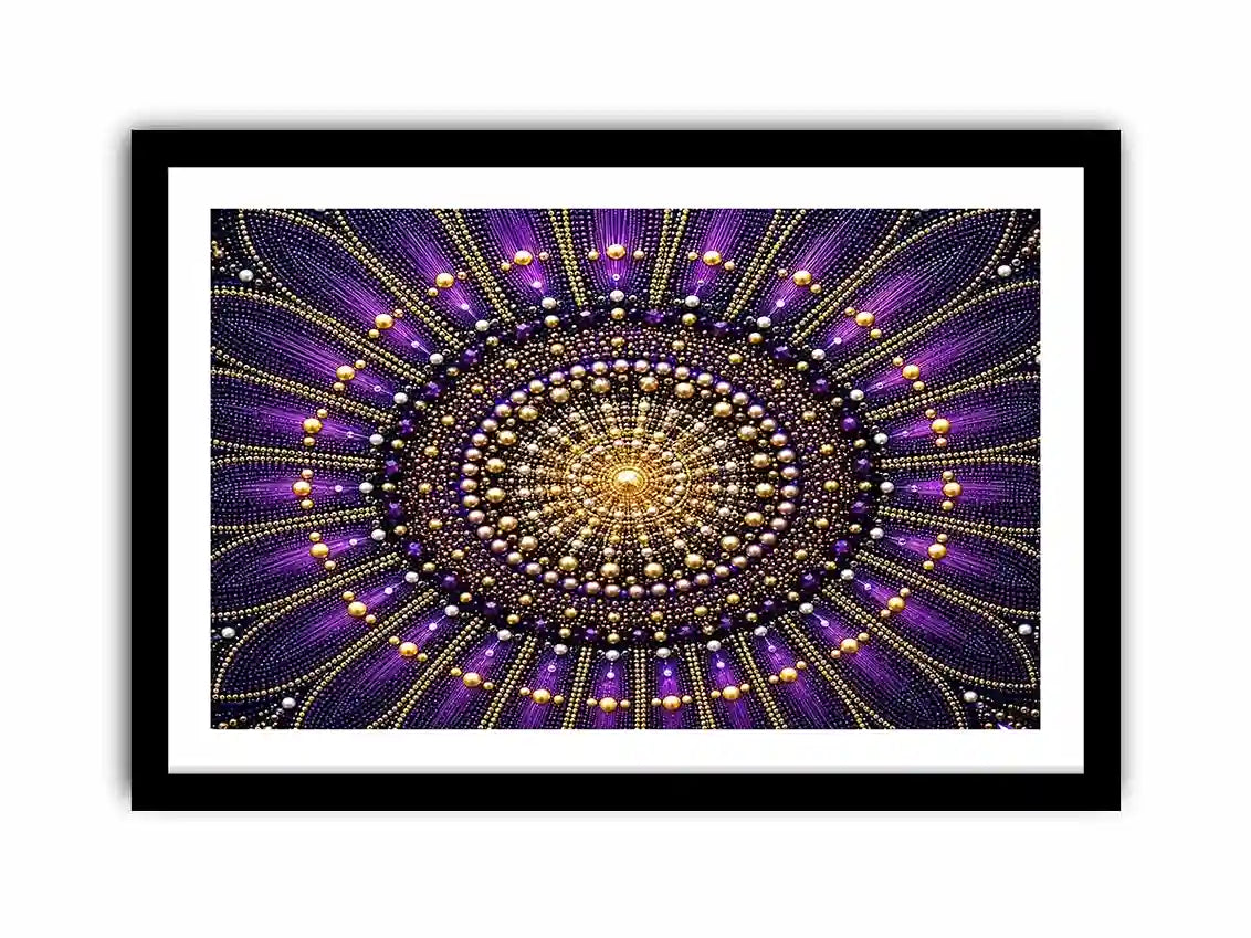 Purple and gold mandala canvas art for elegant bedroom or living room decor.