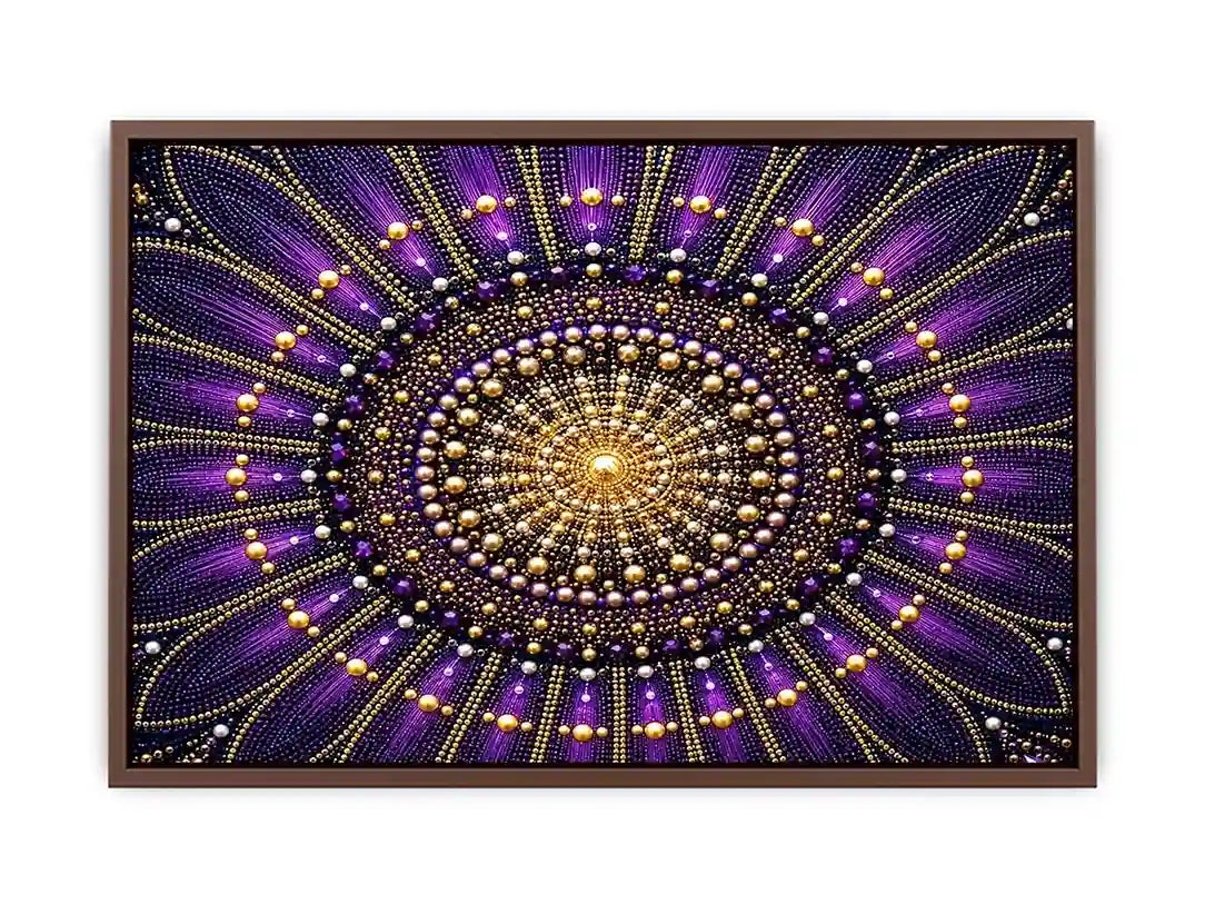 Purple and gold mandala canvas art for elegant bedroom or living room decor.