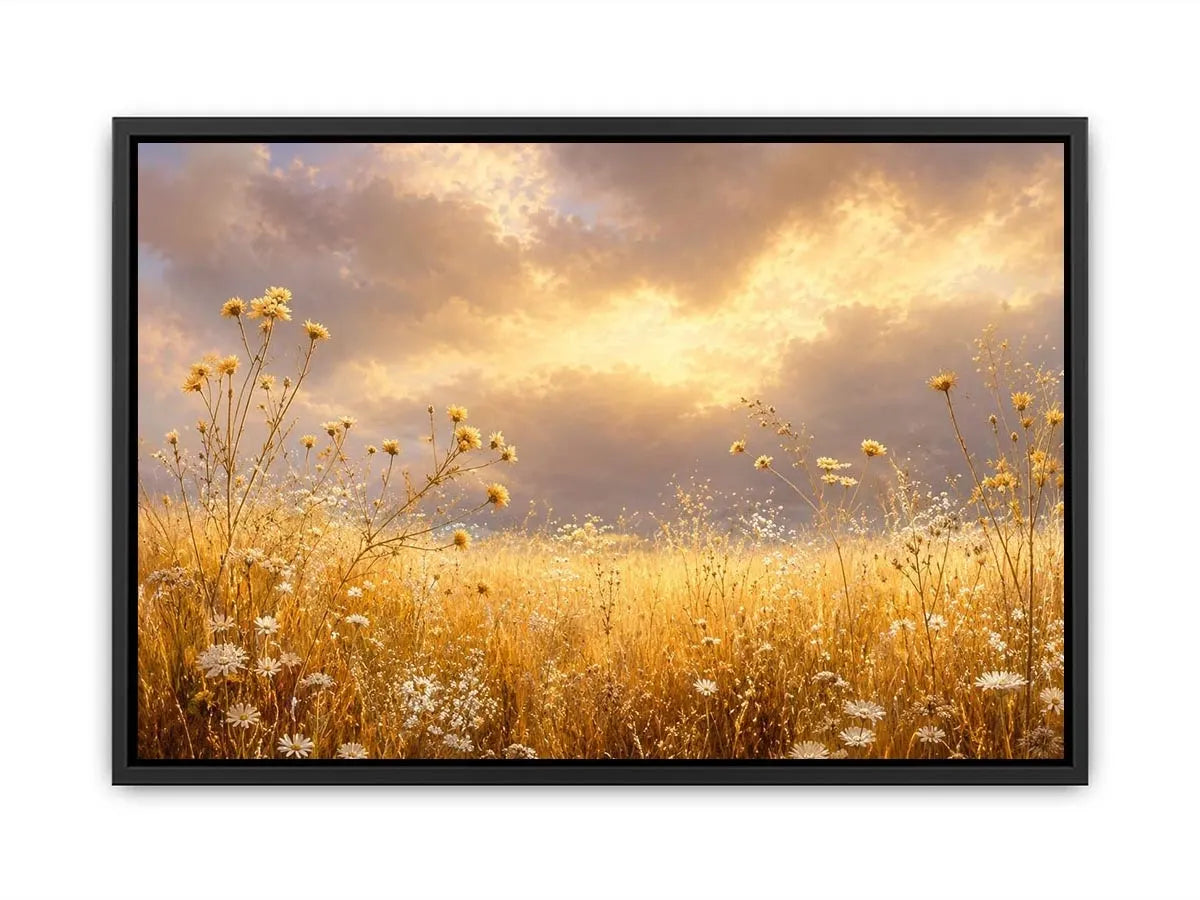 Golden wildflower meadow canvas print for warm bedroom and living room decor.