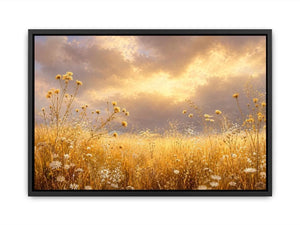 Golden wildflower meadow canvas print for warm bedroom and living room decor.