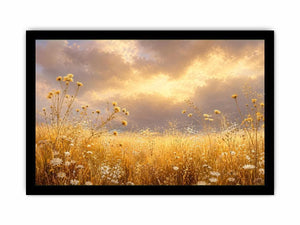 Golden wildflower meadow canvas print for warm bedroom and living room decor.