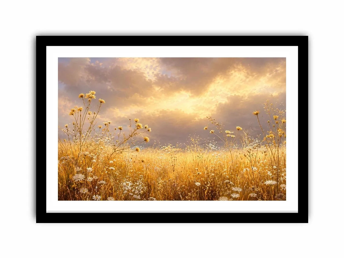 Golden wildflower meadow canvas print for warm bedroom and living room decor.