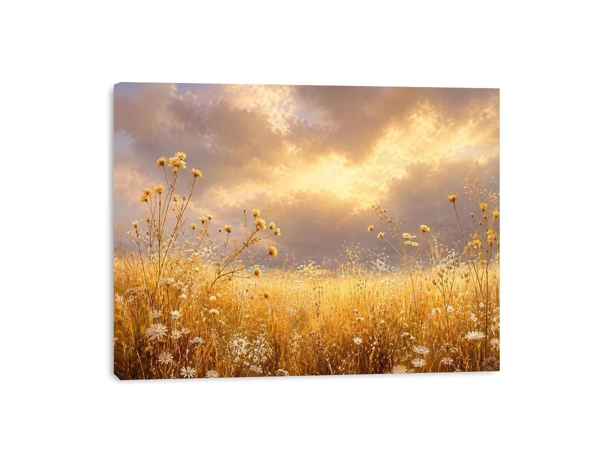 Golden wildflower meadow canvas print for warm bedroom and living room decor.