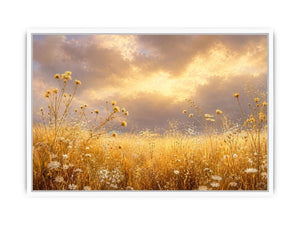 Golden wildflower meadow canvas print for warm bedroom and living room decor.