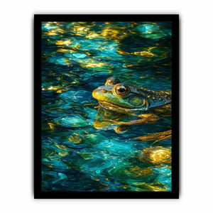 Dreamy teal and gold frog canvas art for modern living room decor.