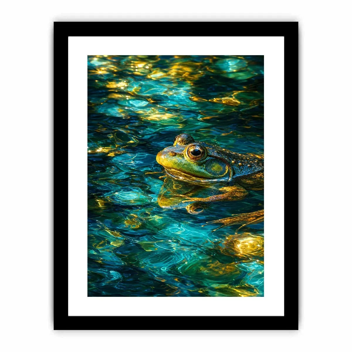 Dreamy teal and gold frog canvas art for modern living room decor.