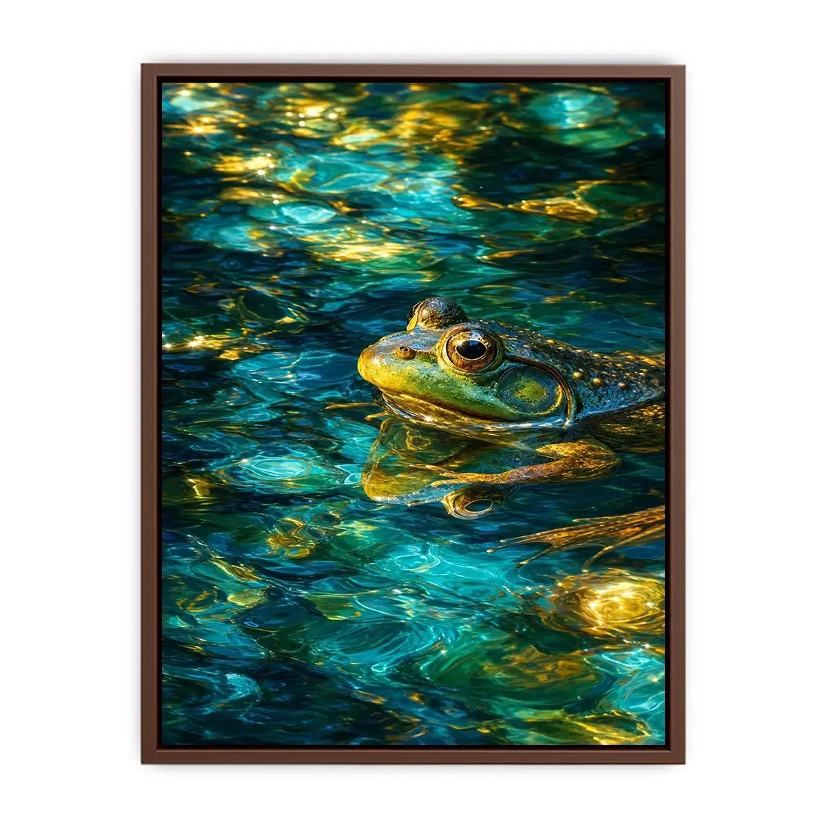 Dreamy teal and gold frog canvas art for modern living room decor.