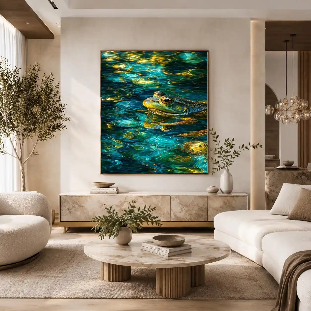 Dreamy teal and gold frog canvas art for modern living room decor.