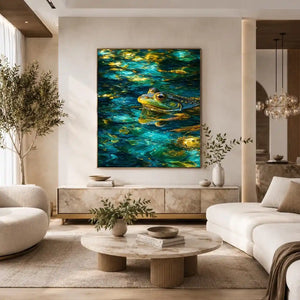 Dreamy teal and gold frog canvas art for modern living room decor.