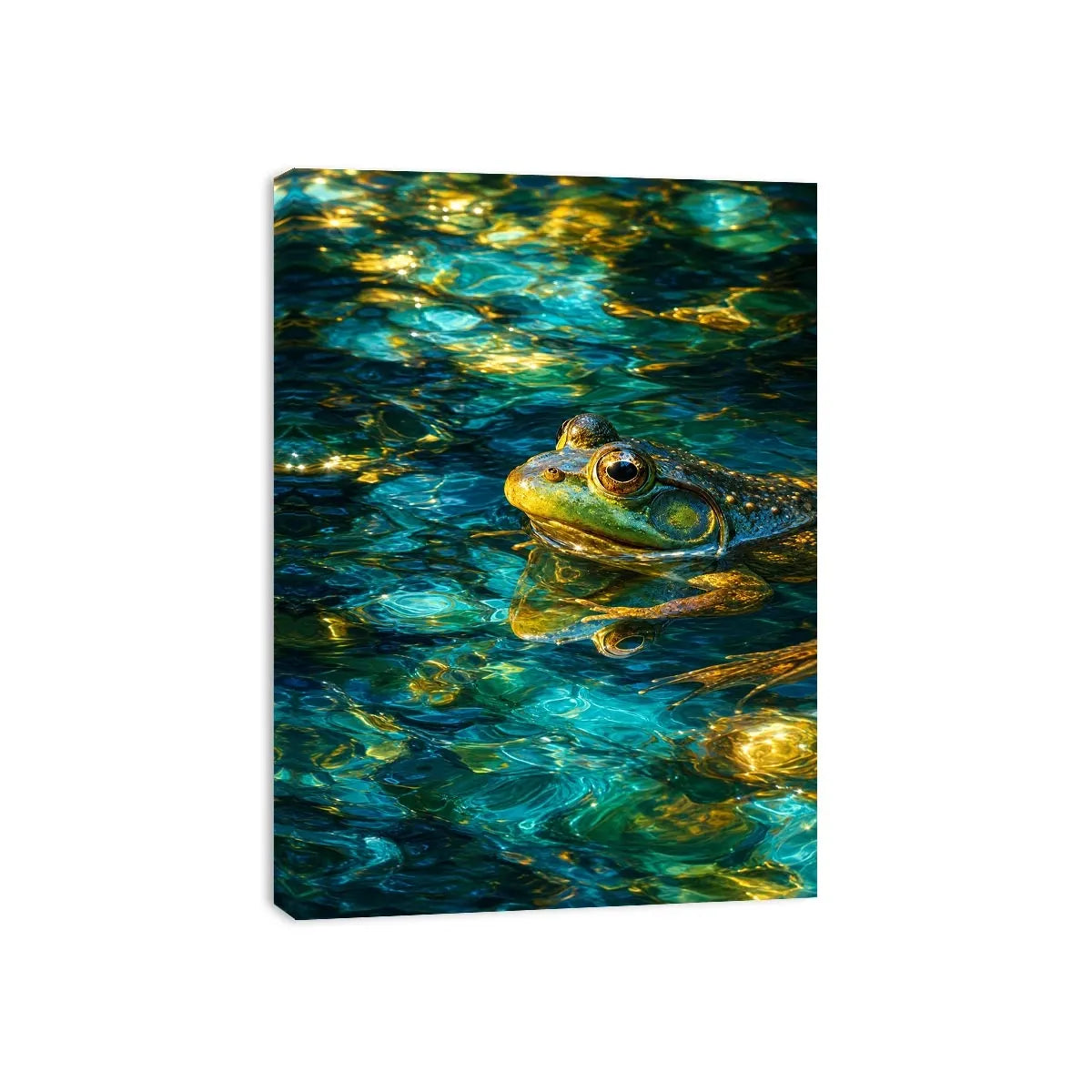 Dreamy teal and gold frog canvas art for modern living room decor.