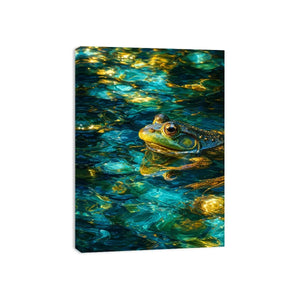 Dreamy teal and gold frog canvas art for modern living room decor.