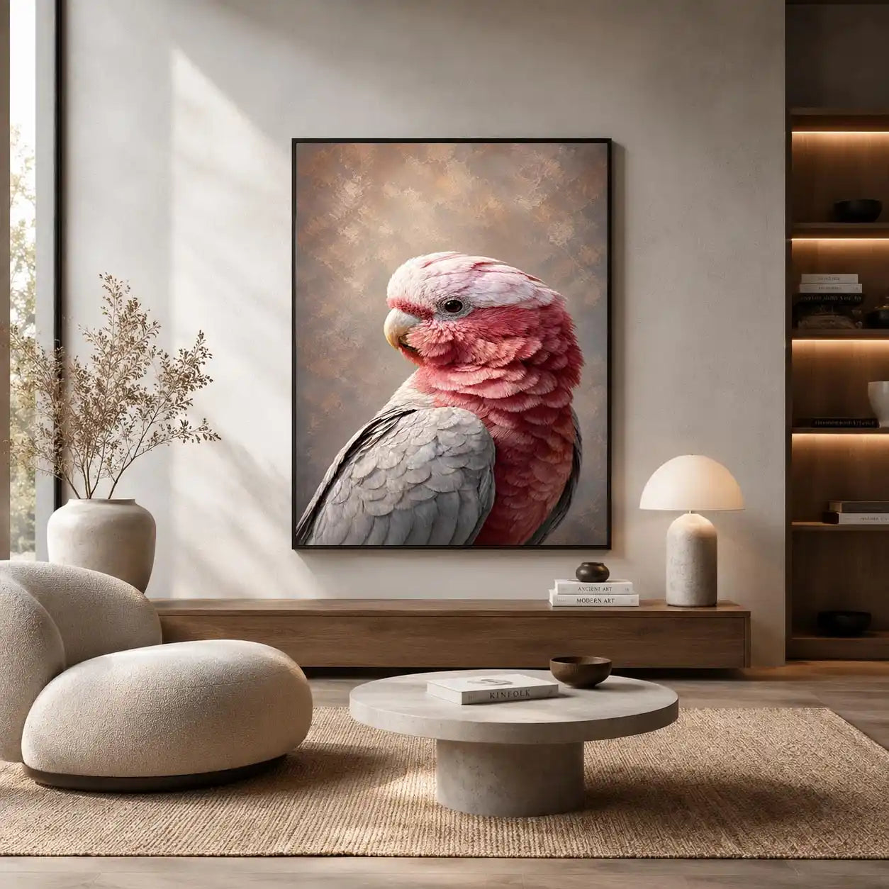 Soft pink cockatoo canvas art for elegant bedroom and living room decor.