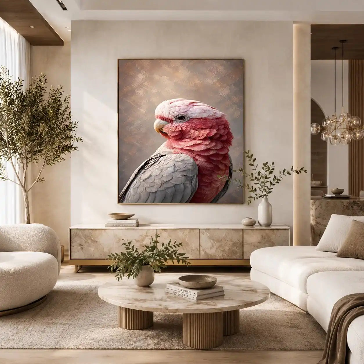 Soft pink cockatoo canvas art for elegant bedroom and living room decor.