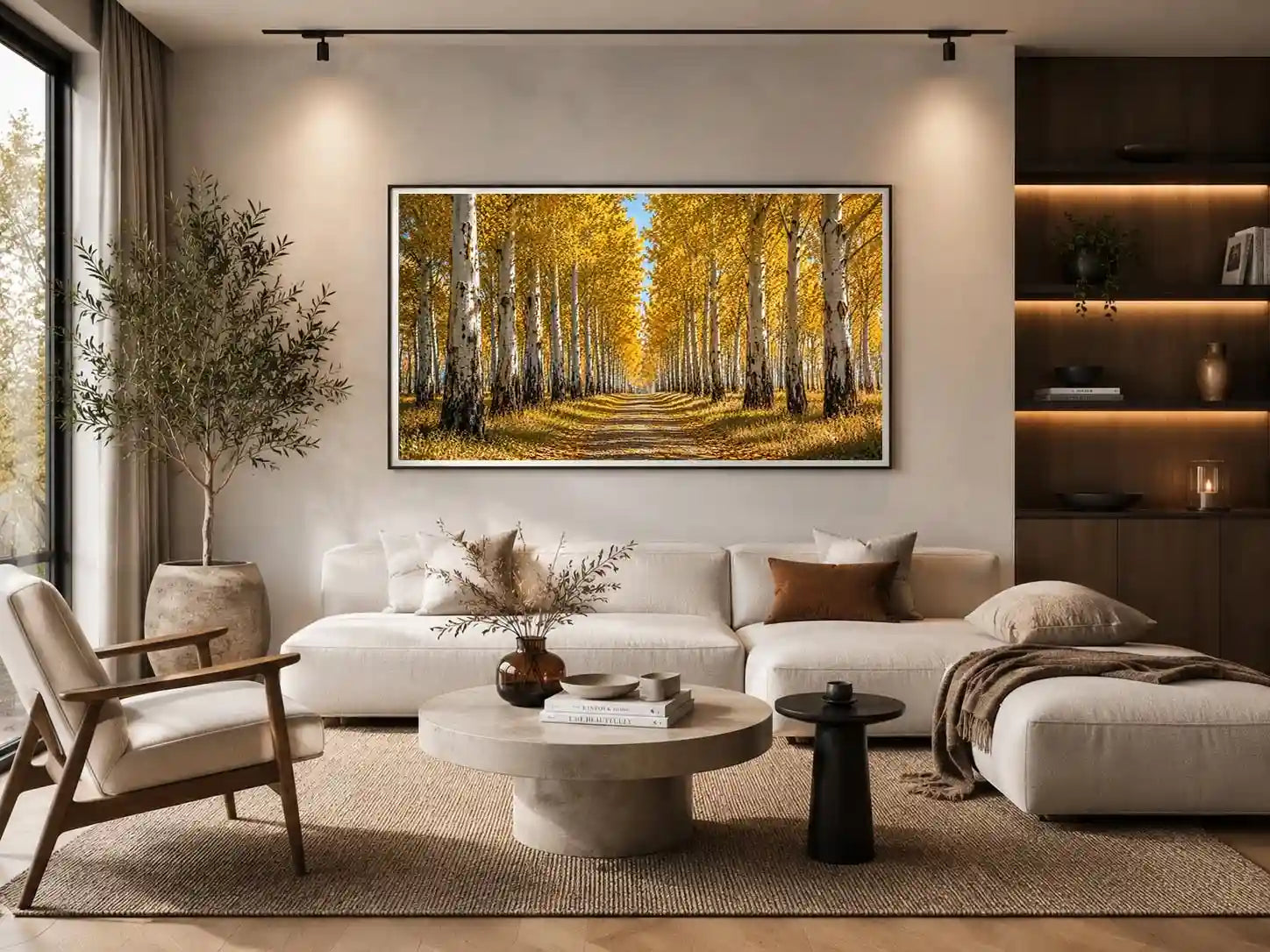 Golden autumn birch forest canvas art for warm hallway and living room decor.
