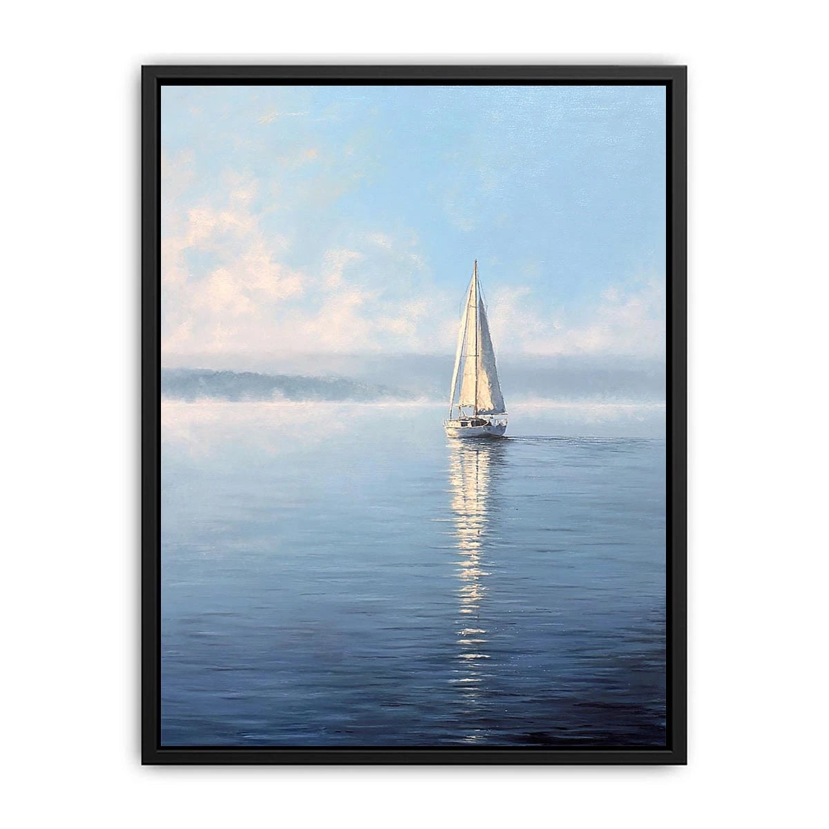 Minimal sailboat canvas art with calm blue water for coastal bedroom or living room decor.