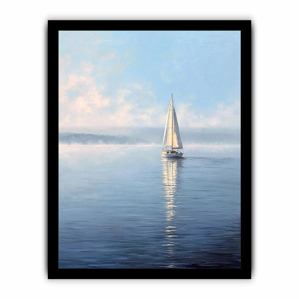 Minimal sailboat canvas art with calm blue water for coastal bedroom or living room decor.