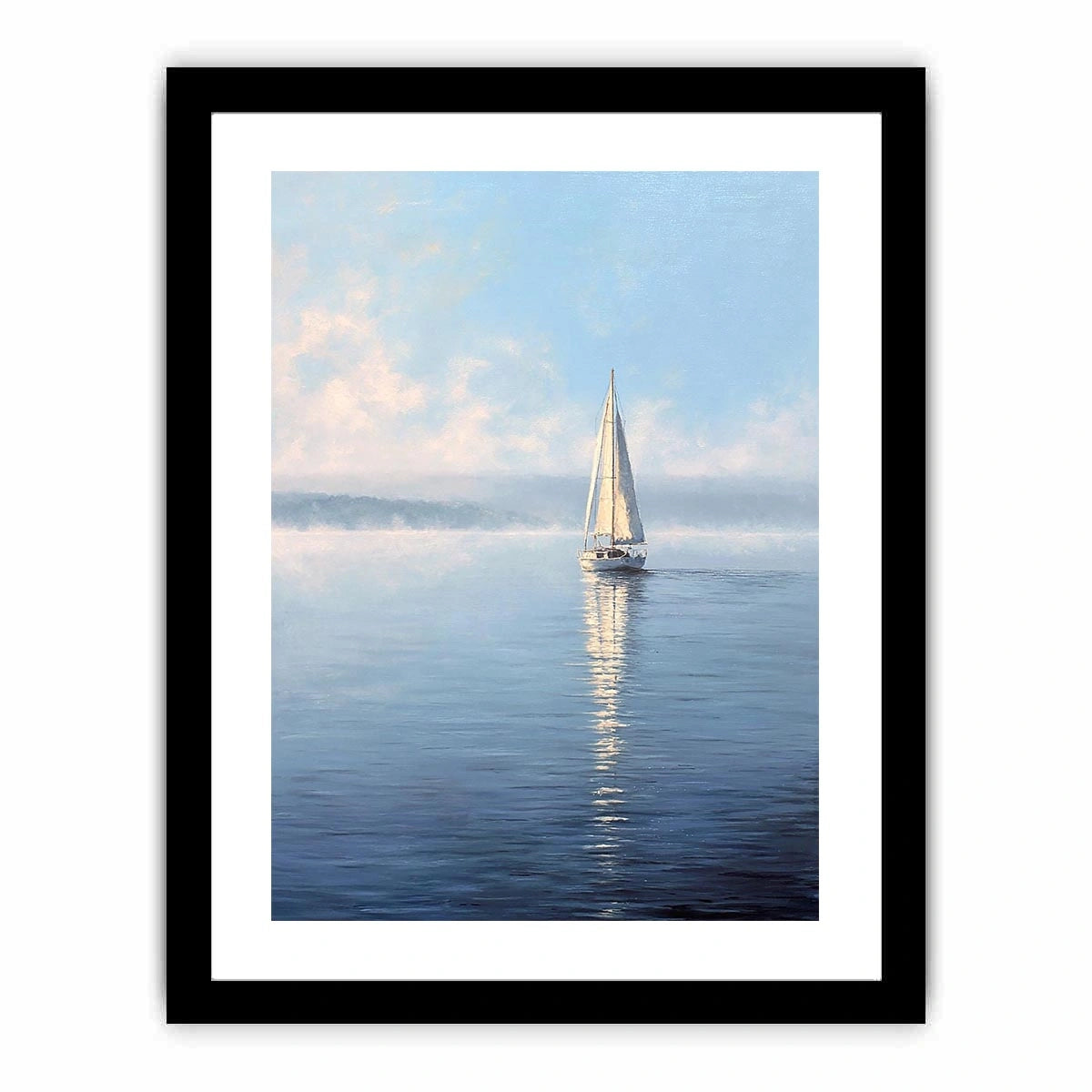 Minimal sailboat canvas art with calm blue water for coastal bedroom or living room decor.