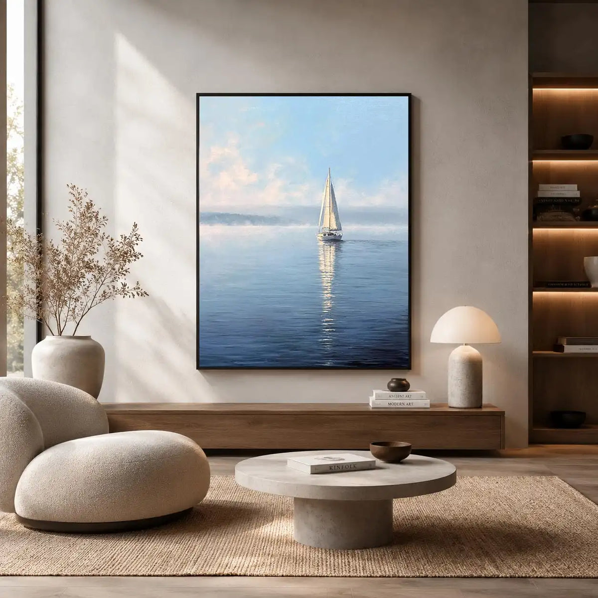 Minimal sailboat canvas art with calm blue water for coastal bedroom or living room decor.