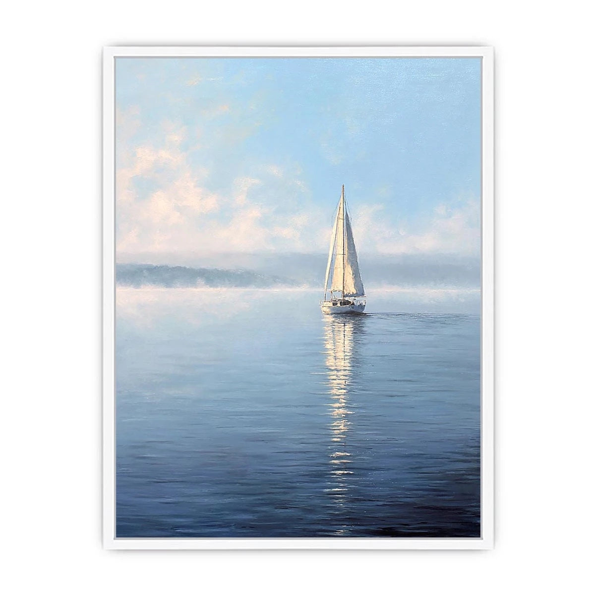 Minimal sailboat canvas art with calm blue water for coastal bedroom or living room decor.