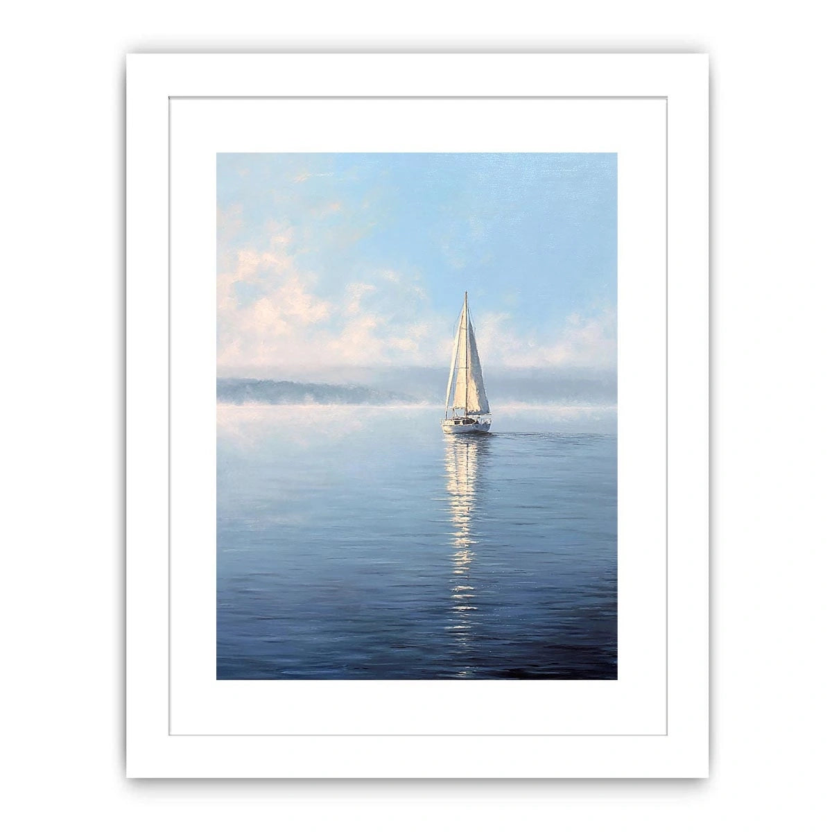 Minimal sailboat canvas art with calm blue water for coastal bedroom or living room decor.