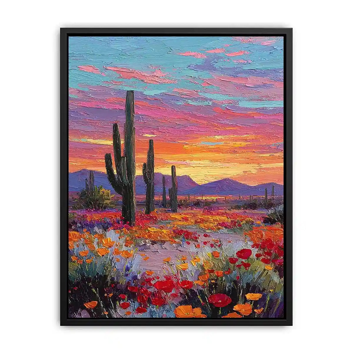 Vertical desert cactus sunset canvas art with wildflowers for modern living room decor.