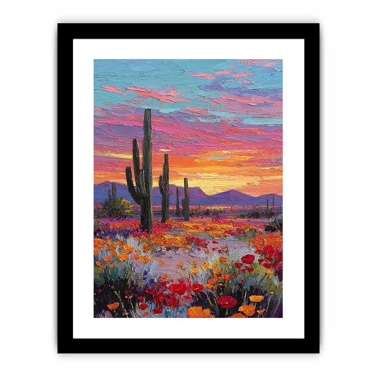 Vertical desert cactus sunset canvas art with wildflowers for modern living room decor.