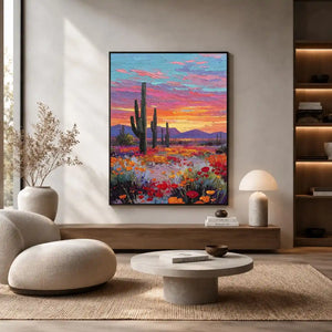 Vertical desert cactus sunset canvas art with wildflowers for modern living room decor.
