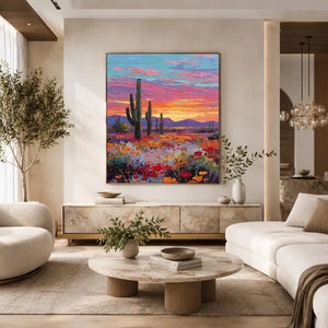 Vertical desert cactus sunset canvas art with wildflowers for modern living room decor.