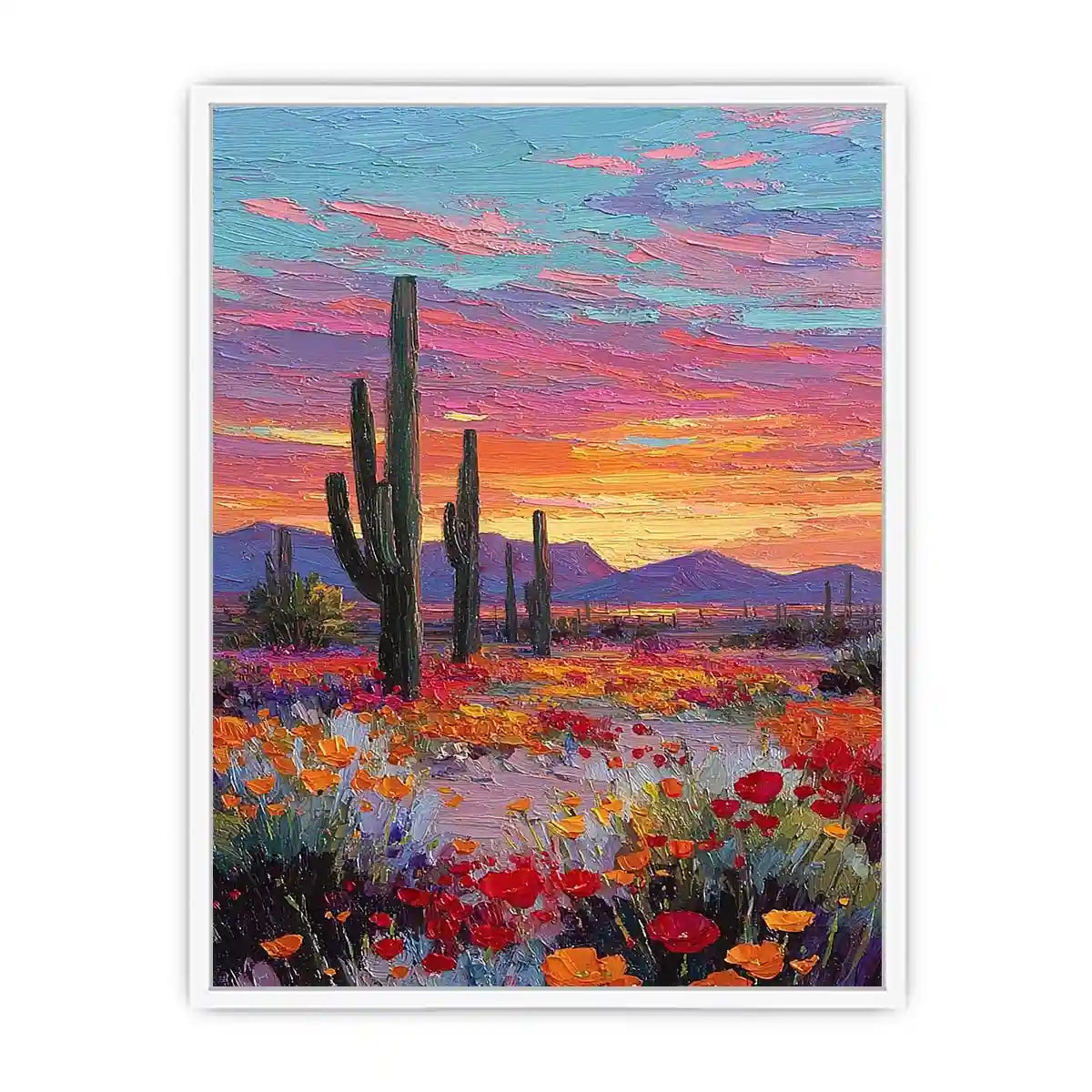 Vertical desert cactus sunset canvas art with wildflowers for modern living room decor.
