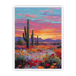 Vertical desert cactus sunset canvas art with wildflowers for modern living room decor.