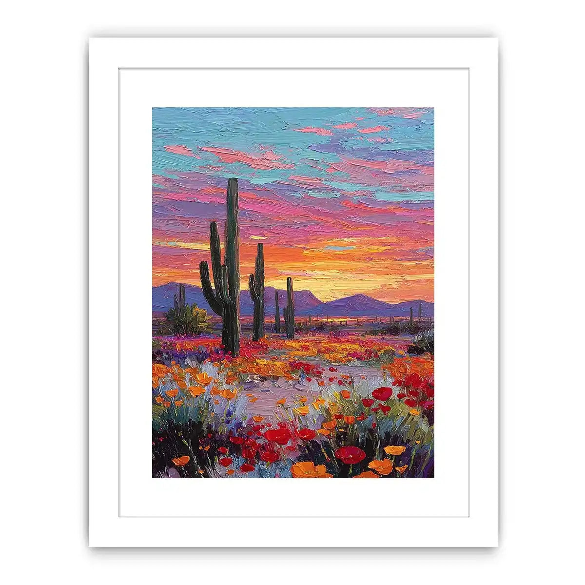 Vertical desert cactus sunset canvas art with wildflowers for modern living room decor.